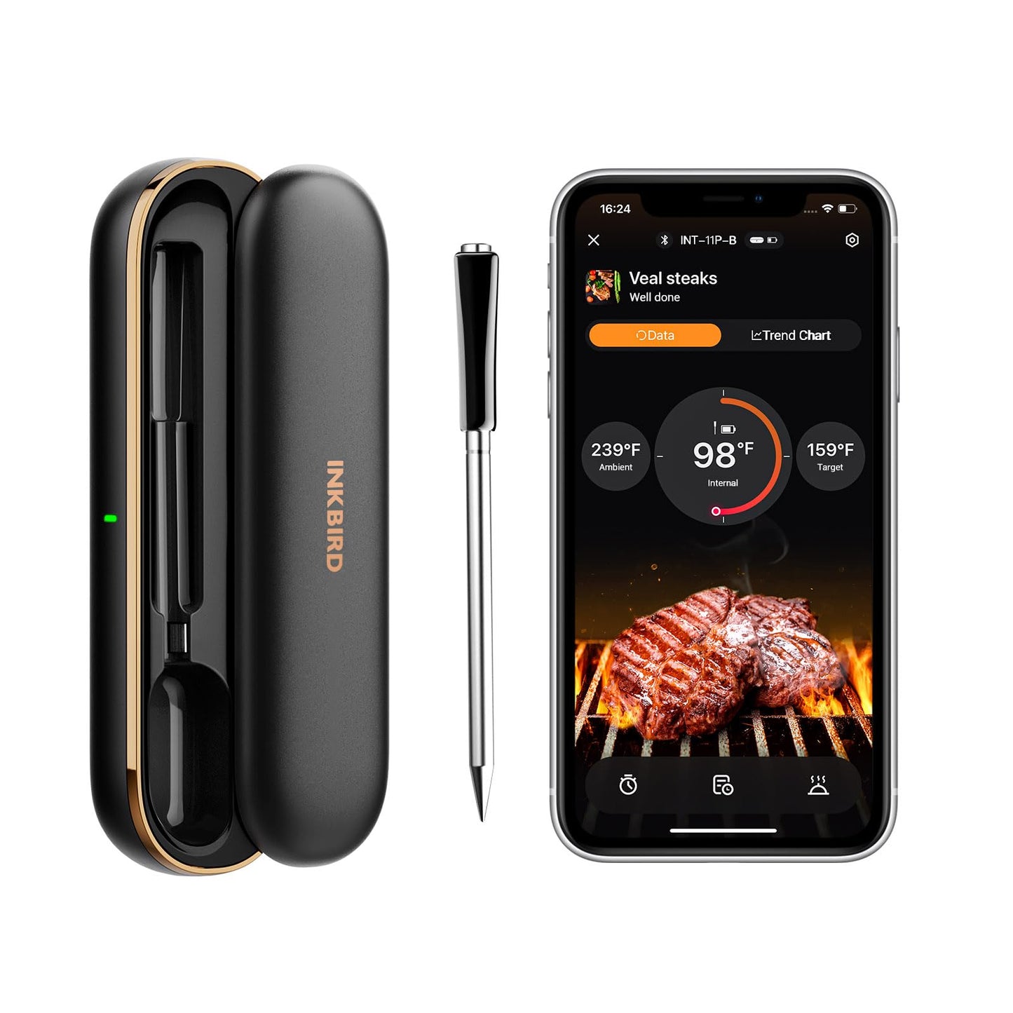 INKBIRD Meat Thermometer Wireless Smart Bluetooth Meat Thermometer IP67 Waterproof Wireless Meat Probe with Rechargeable Box for Outdoor Grill Smoker BBQ Rotisserie iOS & Android App