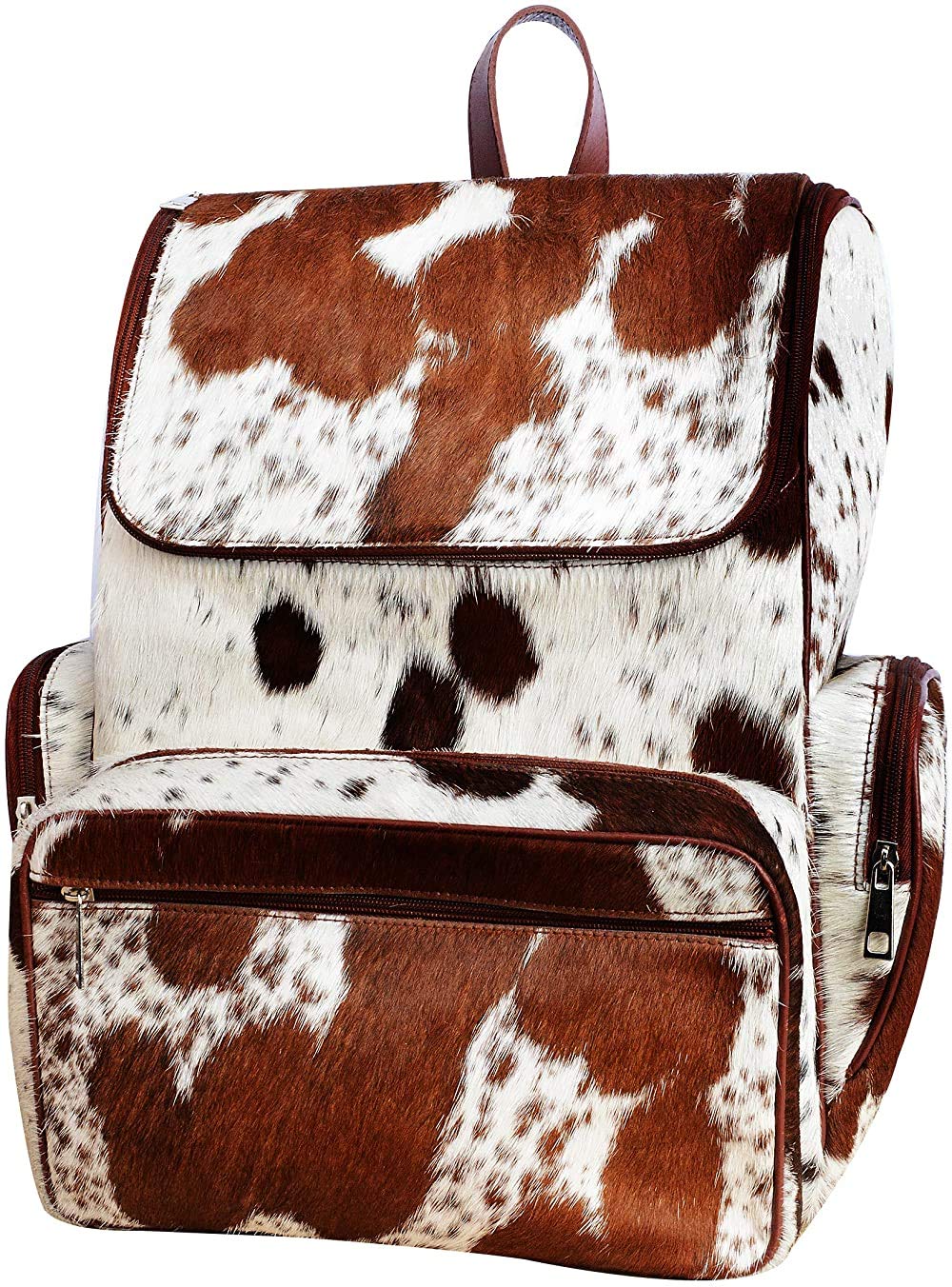 NM-Fashions Western Cowhide Print Leather Diaper Backpack - Cute Shower Gifts For New Mom - Large Travel Bag Brown & White
