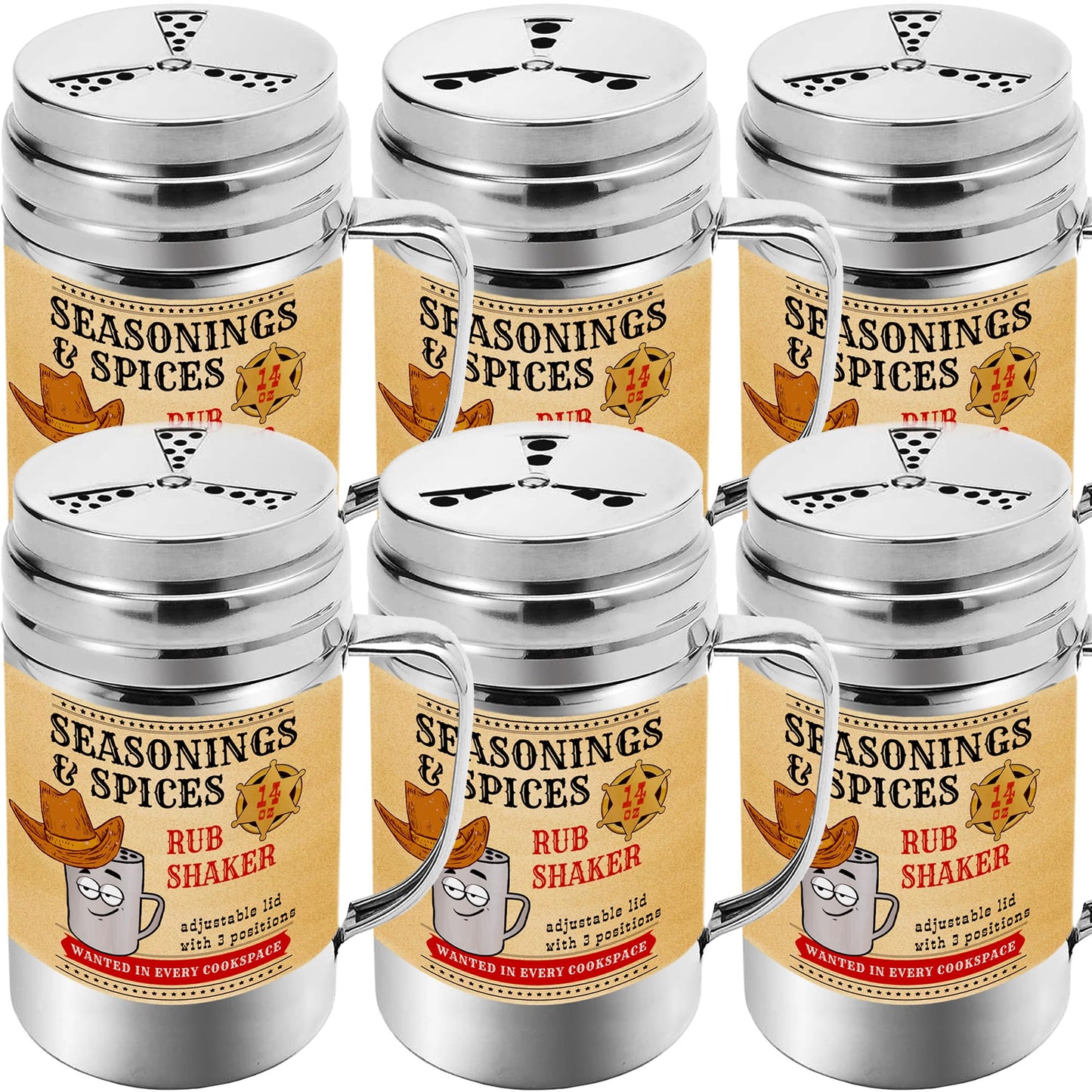 CUSINIUM [Pack of 6] 14 oz Seasonings Spice Shakers - BBQ Dry Rub Shakers - Cooking Dredge with Adjustable Fan-Style Lid and Handles