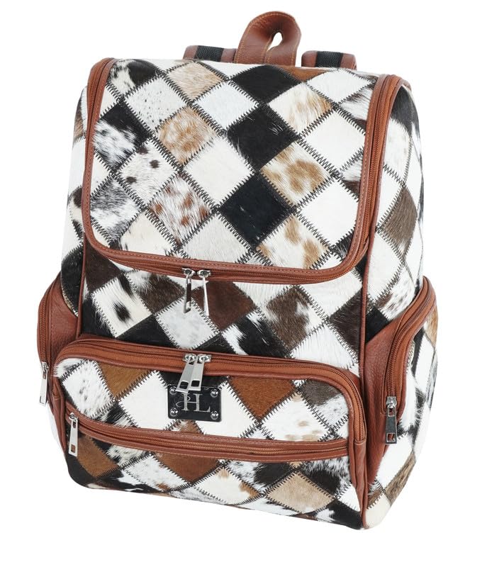 SPAZEUP Patchwork Cowhide Brown Leather Backpack - Cowprint Western Diaper bag Backpack - Genuine Leather Travel Backpac for Women Large