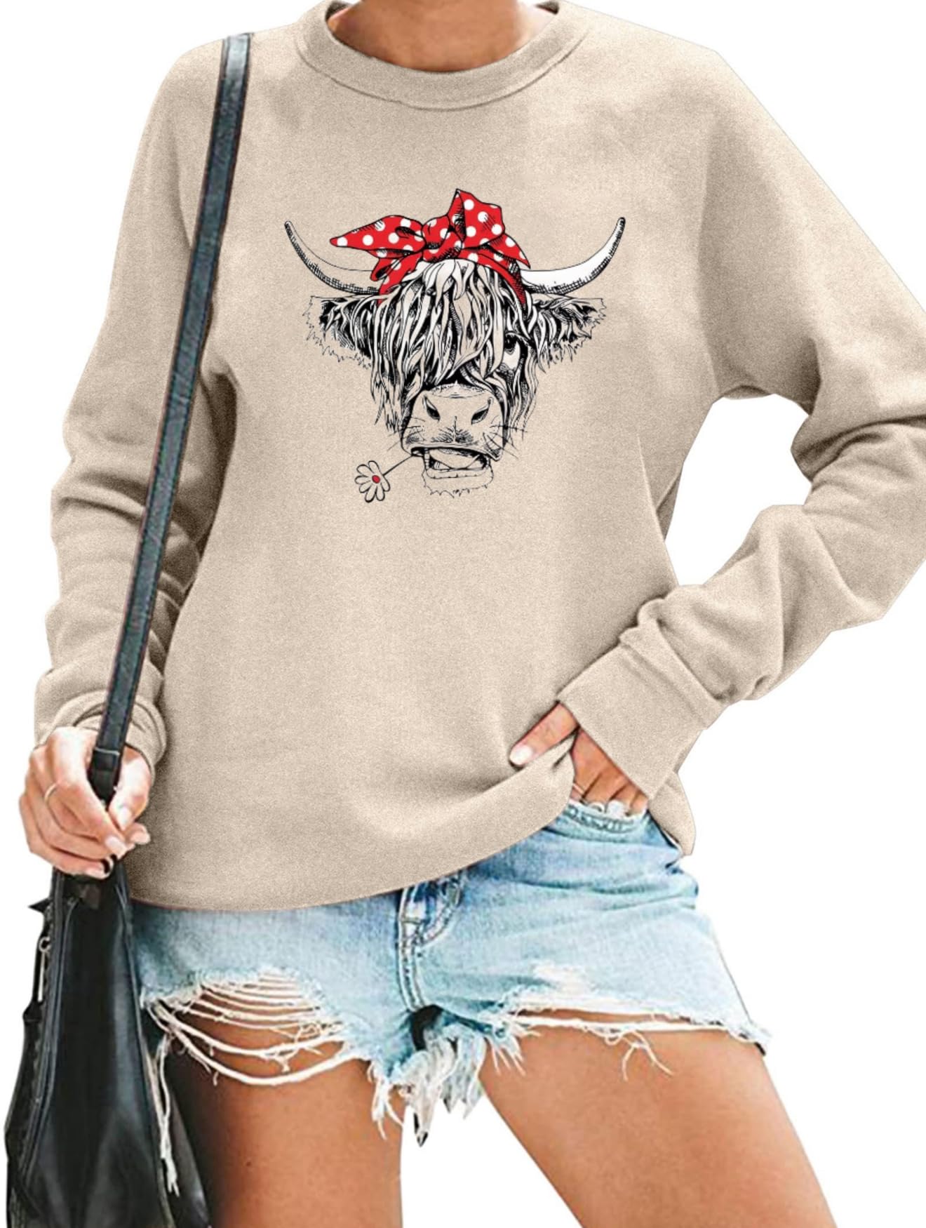 RMTXCD Women Cow Sweatshirt Funny Animal Graphic Long Sleeve Top Farm Life Pullover Western Cowgirl Casual Shirts Apricot