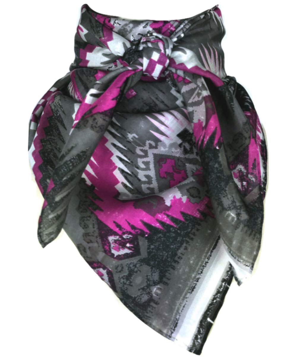 Wyoming Traders Aztec Cowboy Wild Rag 100% Silk Scarf Bandana Multiple Colors 34.5" (Silver/Pink)