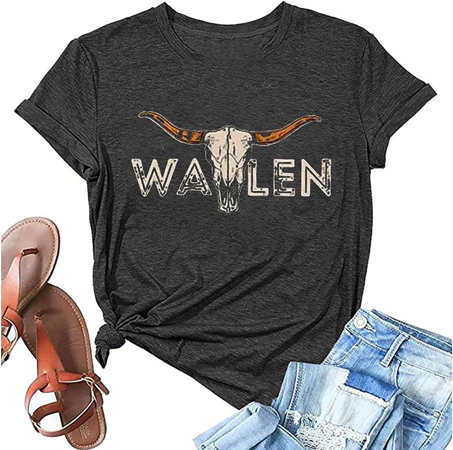 Vintage Steer Skull Western T-Shirt Women Country Tops Cute Cowgirl Graphic Cowboy Tees (US Alpha Large Regular Regular Heather Ash)